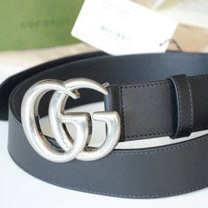 NEW GUCCI Belt Leather Black Silver Buckle for men and women AUTHENTIC